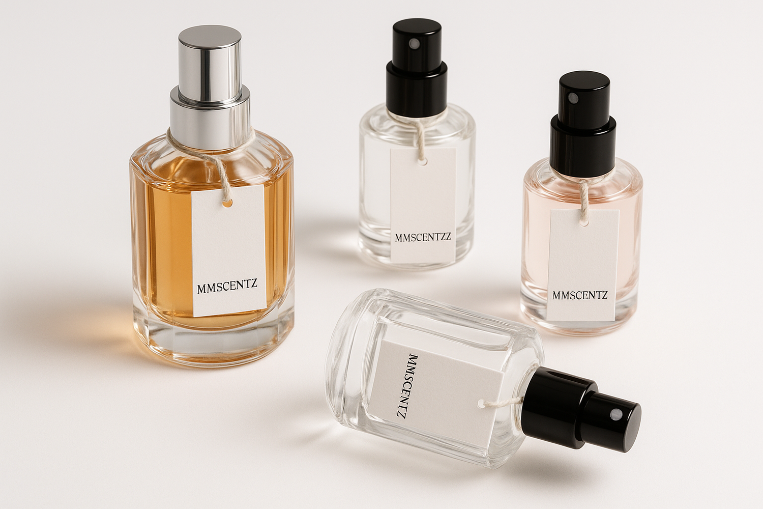 can you make like decant bottles on a white background with tags on them saying "MMScentzz"